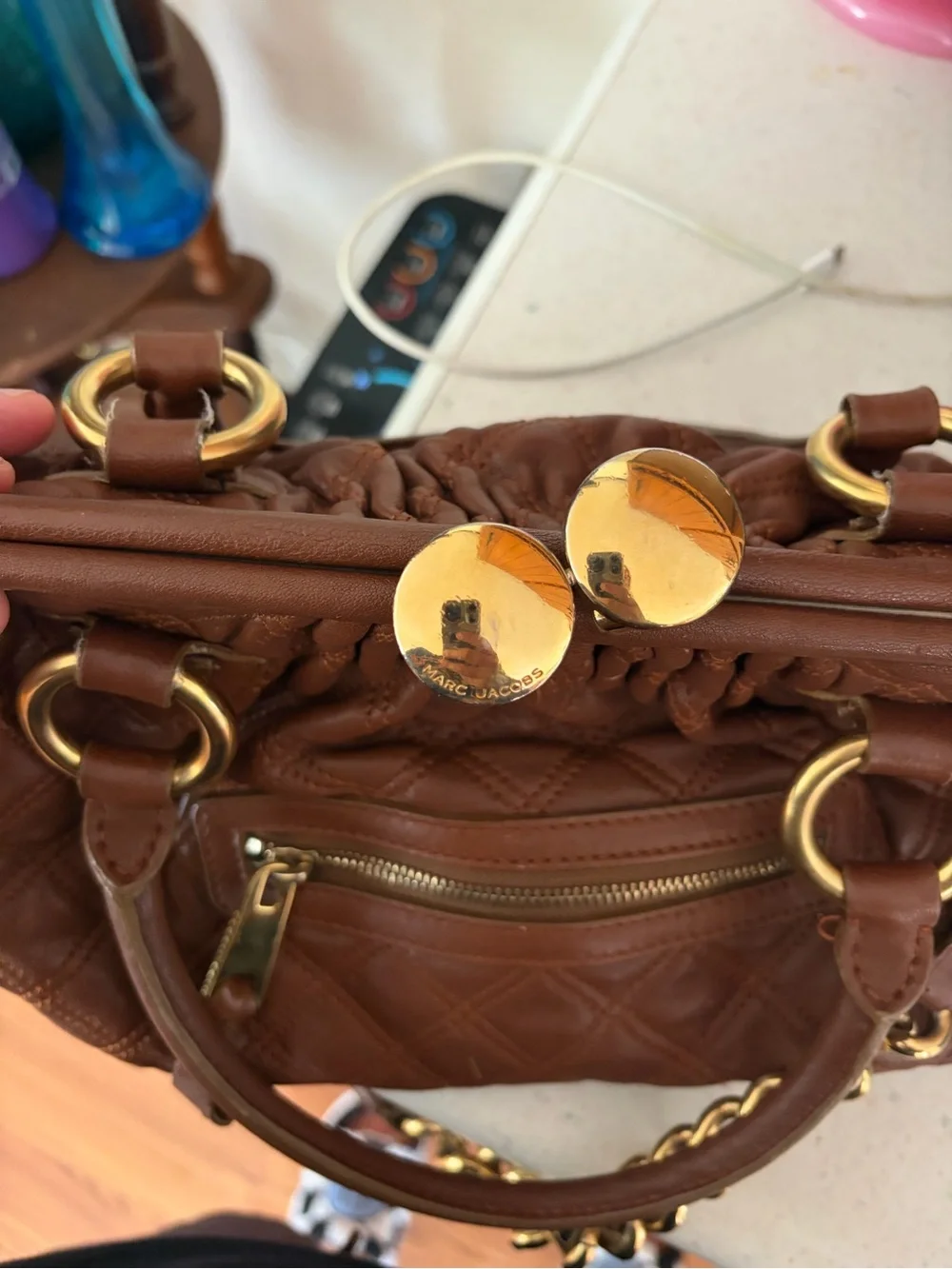 Marc Jacobs Stam Purse Satchel Frame Handbag Brown Quilted Leather Chain Strap